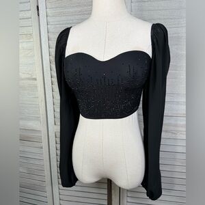 WINDSOR Cropped Beaded Top with Sheer Sleeves Black-Small